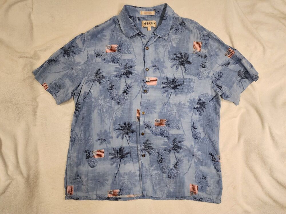Campia Moda American Flag Blue Palm Tree  Hawaiian Short Sleeve ButtonUp XL